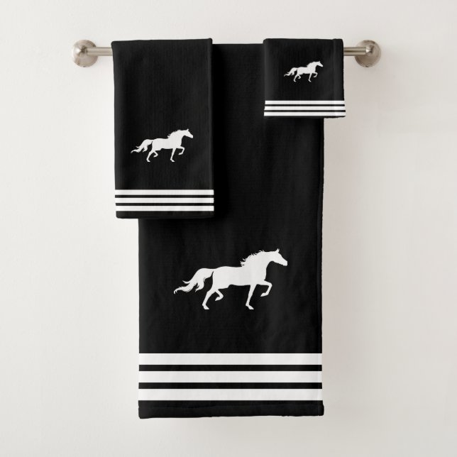 Custom White Horse & Three Stripes on Black Bath Towel Set (Insitu)