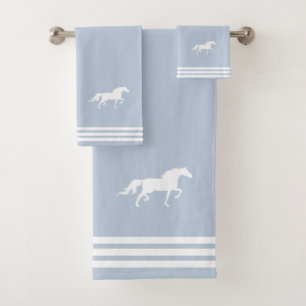 Custom White Horse & Three Stripes on Light Blue Bath Towel Set