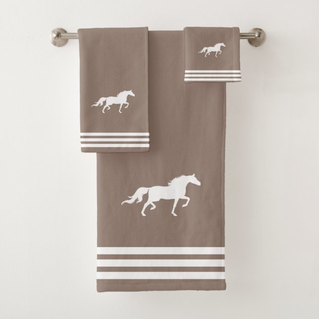 Custom White Horse & Three Stripes on Lucky Beige Bath Towel Set (Insitu)