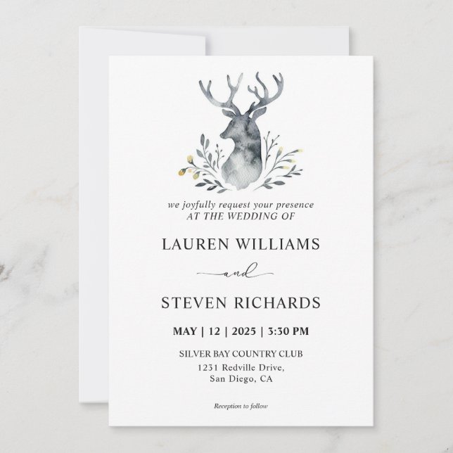 Custom  White Indigo Deer Antler Tradition Wedding Invitation (Front)