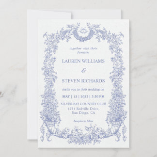 Custom White Light Blue Baroque Blooms Wedding Invitation