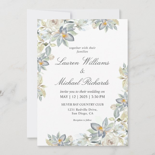 Custom White Light Blue Eucalyptus Charm Wedding Invitation (Front)