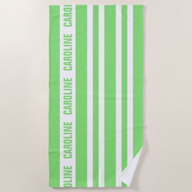 Custom White Lime Green Stripes Pattern Beach Towel (Front)