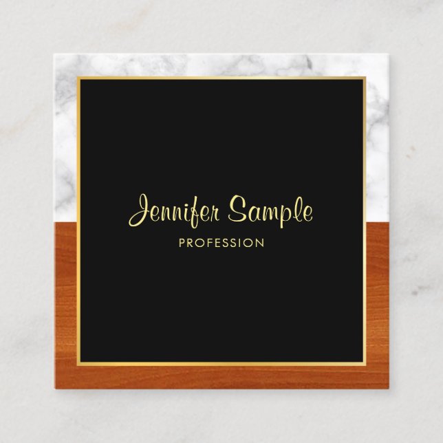 Custom White Marble Brown Wood Gold Modern Square Business Card (Front)