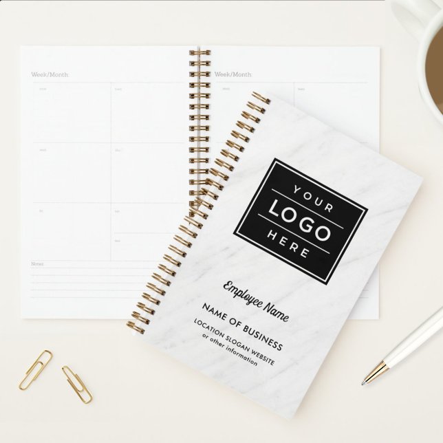 Custom White Marble Business Logo Employee Name Planner (Creator Uploaded)