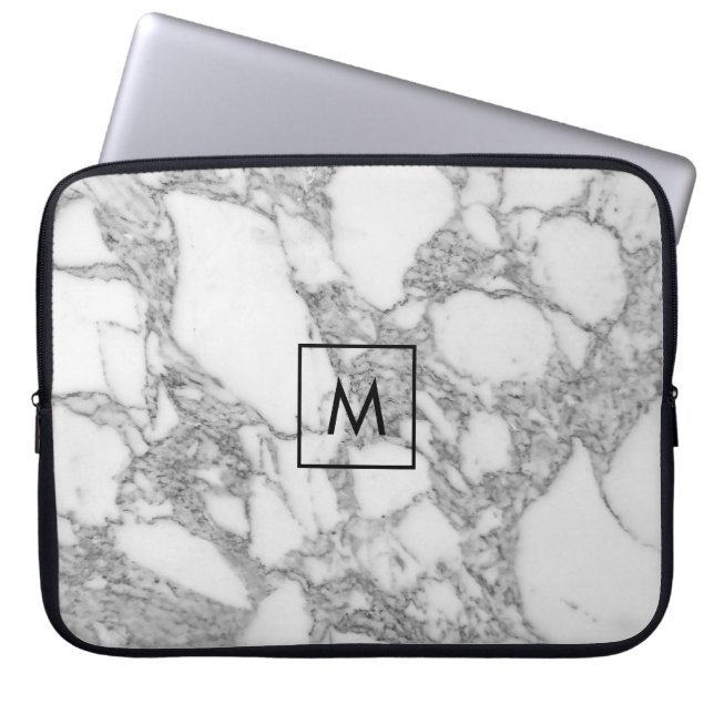 Custom white marble stone monogram laptop sleeve (Front)