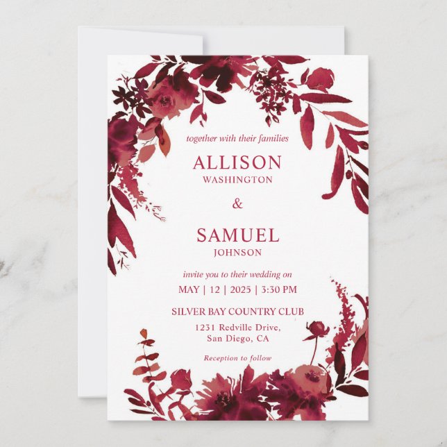 Custom White Maroon Red Crimson Wedding Invitation (Front)