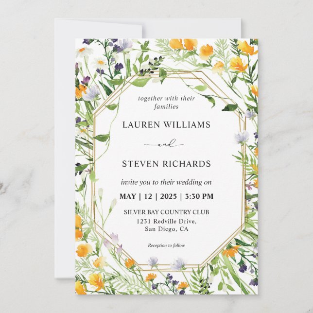 Custom White Meadow Flowers Golden Frame Wedding Invitation (Front)
