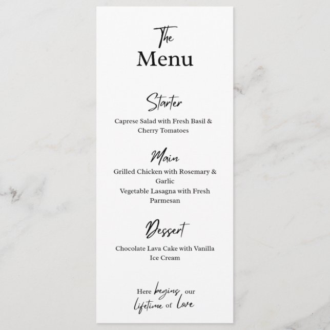 Custom White Menu Card . Wedding, Party, or Dinner (Front)