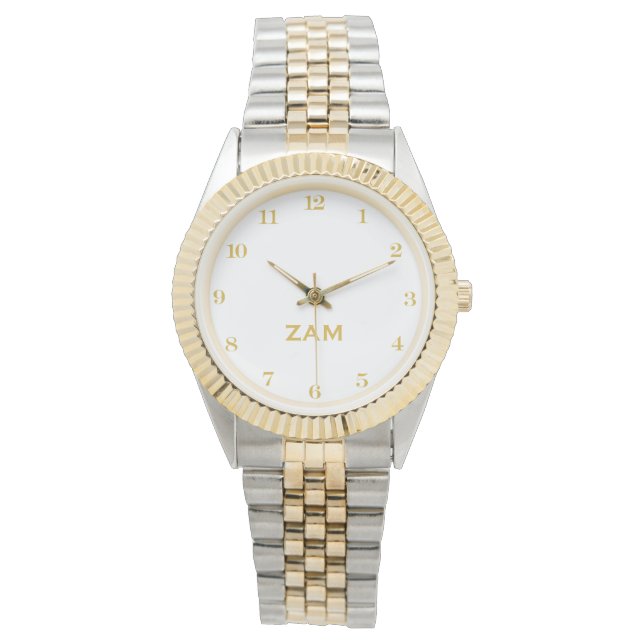 Custom white Monogrammed Gold Silver Tone Bracelet Watch (Front)