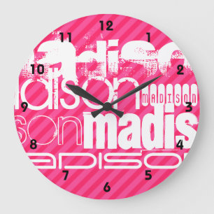Custom White Name Pattern on Hot Pink Stripes Large Clock