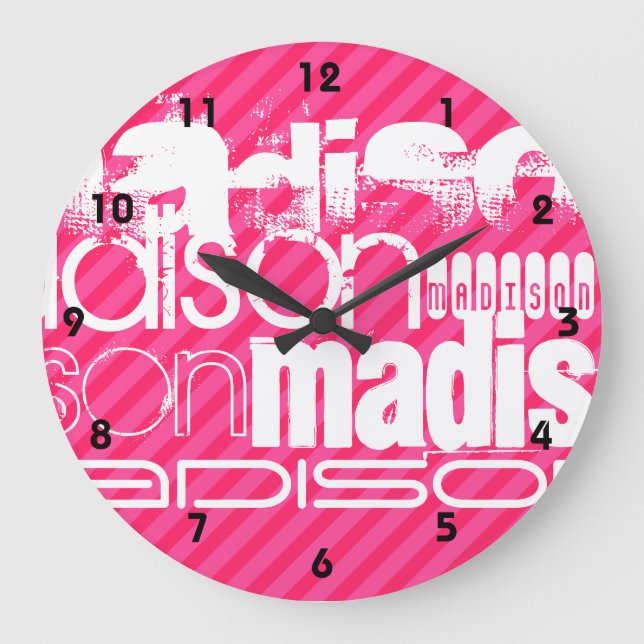 Custom White Name Pattern on Hot Pink Stripes Large Clock (Front)