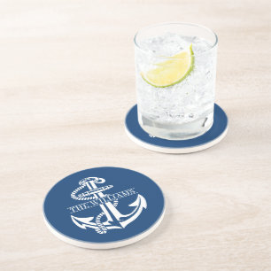 Custom White Nautical Anchor On Dark Navy Blue Coaster