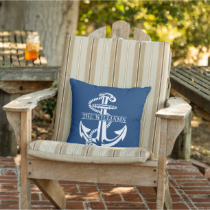 Custom White Nautical Anchor On Dark Navy Blue Cushion