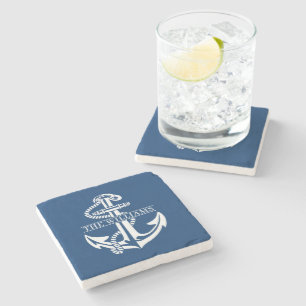 Custom White Nautical Anchor On Dark Navy Blue Stone Coaster