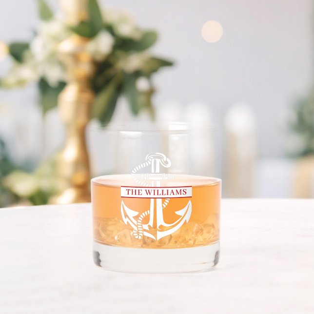 Custom White Nautical Anchor Red Name Whiskey Glass (Insitu (Wedding))