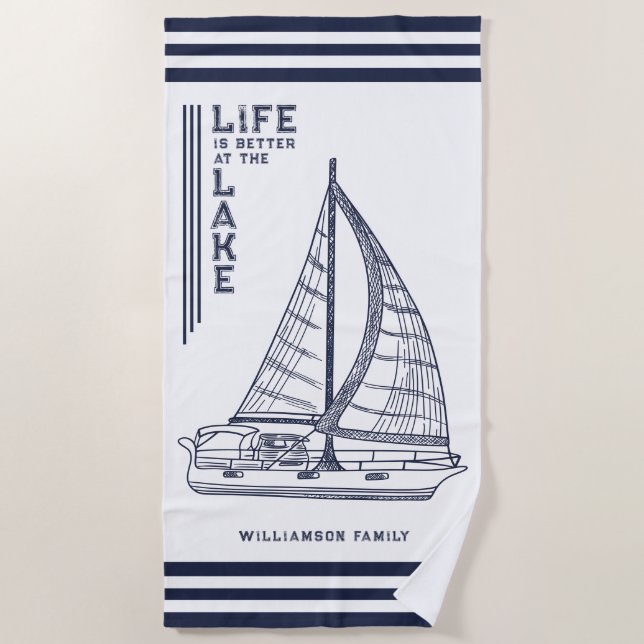 Custom White Navy Blue Life is Better at the Lake Beach Towel (Front)