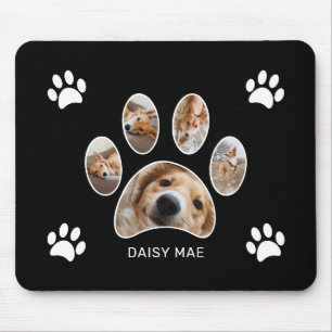Custom White Paw Print Name Photo Collage Black Mouse Mat