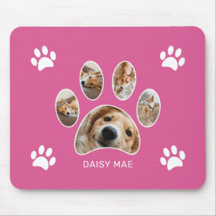 Custom White Paw Print Name Photo Collage Pink Mouse Mat