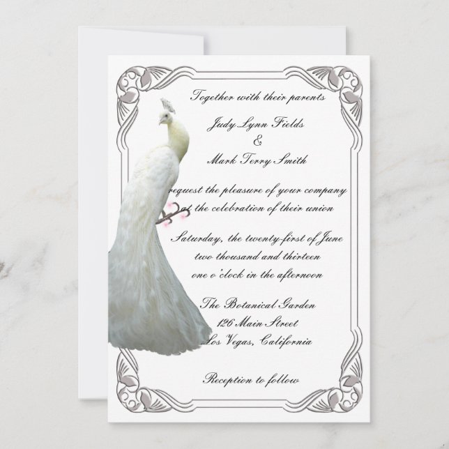 Custom White Peacock Wedding Invitation (Front)
