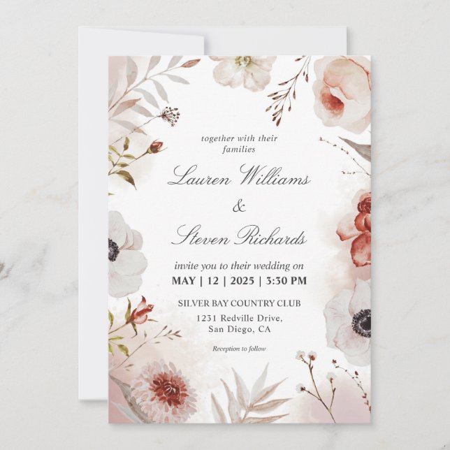 Custom White Pink Autumnal Watercolor Wedding Invitation (Front)
