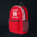 Custom white red Name, Number, Team Sport Printed Backpack<br><div class="desc">Create your own custom white red Sport Football Style Printed Backpack with Name, Number, Team Name, Slogan and Year. Personalise this simple classic Printed Backpack template with your custom message, name, team name and year. Easily personalise it for a cool sport keepsake. Create your unique personalised gift for coach, boy's...</div>