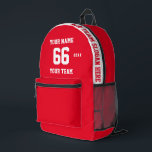 Custom white red Name, Number, Team Sport Printed Backpack<br><div class="desc">Create your own custom white red Sport Football Style Printed Backpack with Name, Number, Team Name, Slogan and Year. Personalise this simple classic Printed Backpack template with your custom message, name, team name and year. Easily personalise it for a cool sport keepsake. Create your unique personalised gift for coach, boy's...</div>