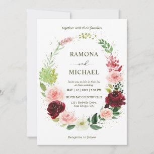 Custom White Red Romantic Roses Wreath Wedding Invitation