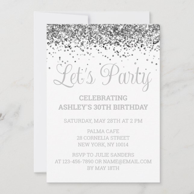 Custom White & Silver Glitter 30th Birthday Party Invitation (Front)