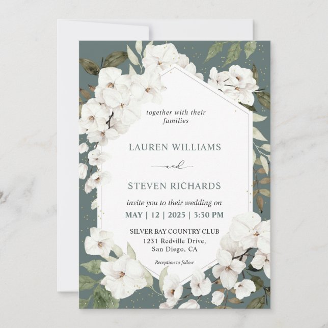 Custom White Steel Blue White Orchid Frame Wedding Invitation (Front)