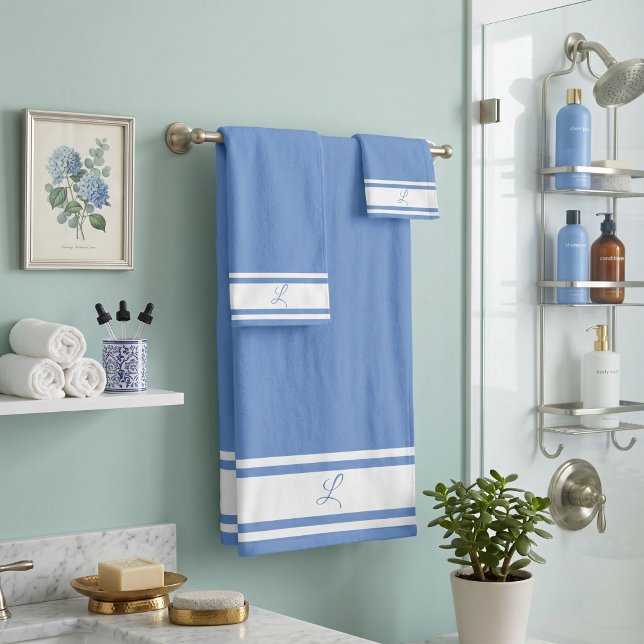 Custom white stripe bands monogram bath towel set (Creator Uploaded)