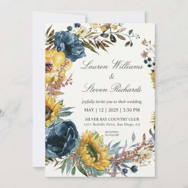 Custom White Sunflowers and Blue Wreath wedding Invitation (Front)