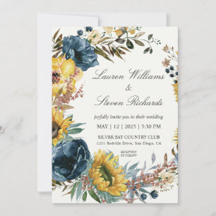 Custom White Sunflowers and Blue Wreath wedding Invitation