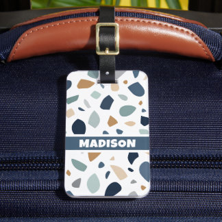 Custom White Teal Blue Seashells Terrazzo Pattern Luggage Tag