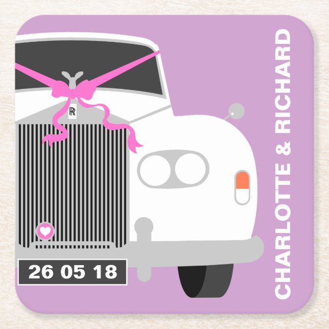 CUSTOM WHITE WEDDING CAR LIMO DATE SQUARE PAPER COASTER (Front)