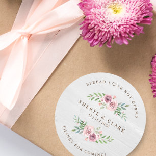 Custom White Wood Floral Wreath Wedding Sanitizer Classic Round Sticker