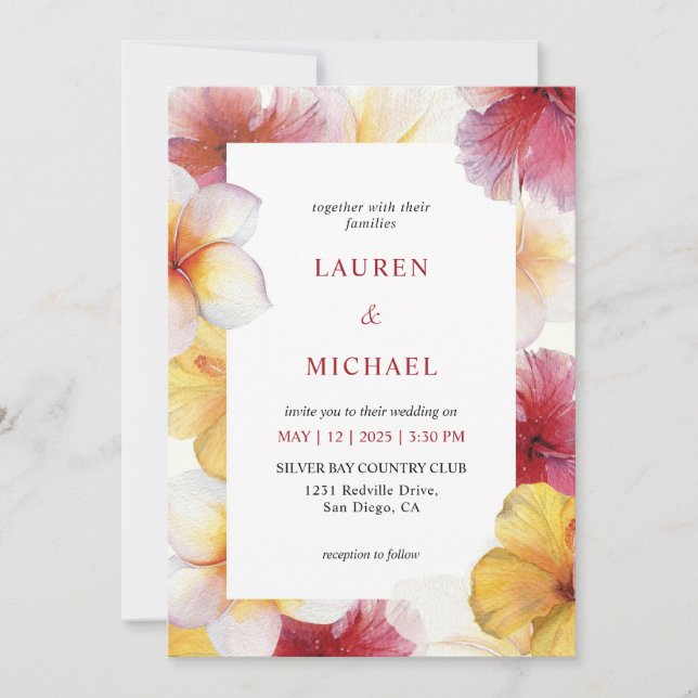 Custom White Yellow Red Blossoming Hearts Wedding Invitation (Front)