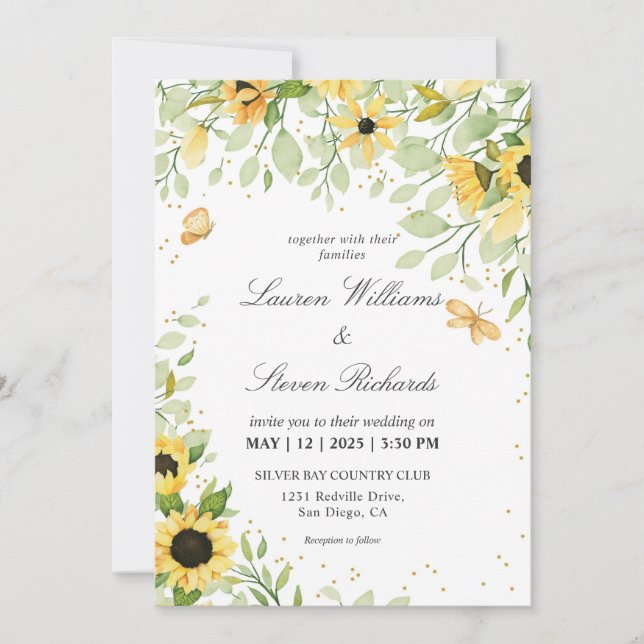 Custom White Yellow Sunflowers & Butterfly Wedding Invitation (Front)