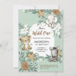 Custom Wild One Green White Jungle Animals theme Invitation