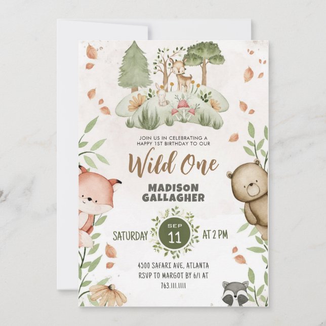 Custom Wild One Pink Green White Animals theme Invitation (Front)