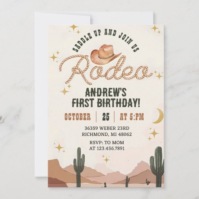 Custom Wild West First Rodeo Cowboy Birthday party Invitation (Front)