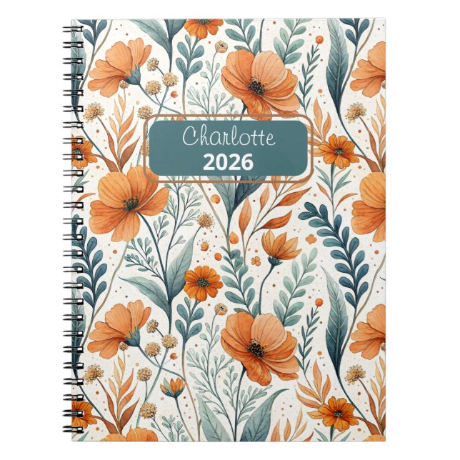 Custom Wildflower Botanical Boho Floral Watercolor Notebook (Front)
