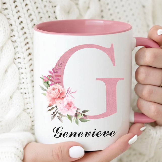 Custom Wildflower Pink Mug Gift for Bridesmaids (Personalized Pink Monogram Mug Mother’s Day Gift for Mom, Floral Initial Coffee Mug Gift for Grandma)