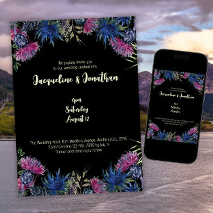 Custom Wildflower Scottish Thistles Black Wedding Invitation