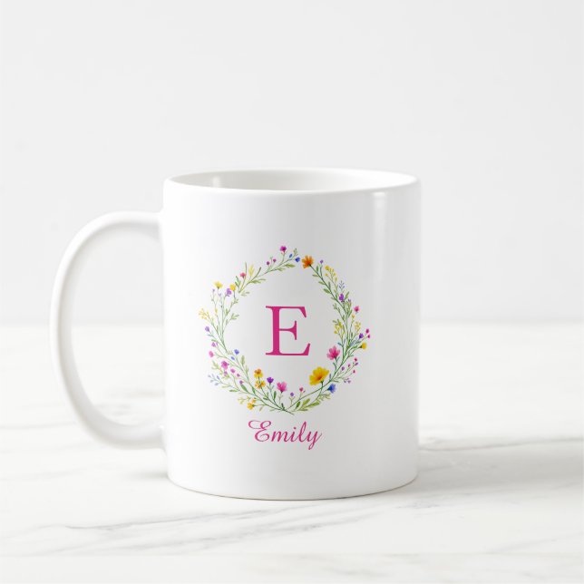 Custom Wildflower Wreath Monogram  Name Coffee Mug (Left)