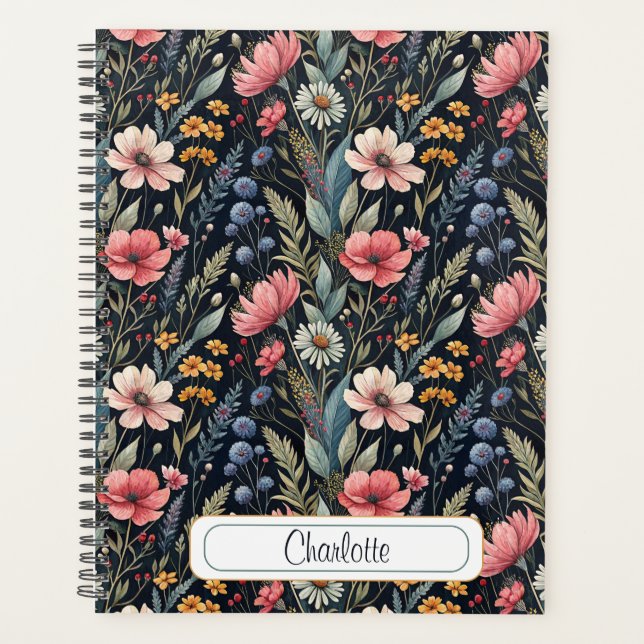 Custom Wildflowers Botanical Inspiration Black Planner (Front)