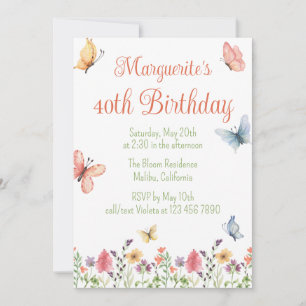 Custom Wildflowers Butterflies 40th Birthday Party Invitation