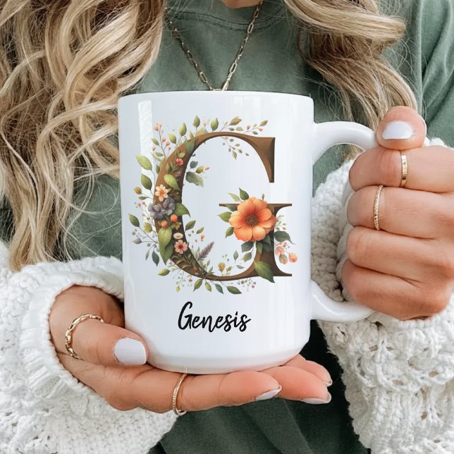 Custom Wildflowers Initial Birthday Mug For Mum (custom name gift, flower monogram mug, wildflower initial mug, personalized floral gift for women,)