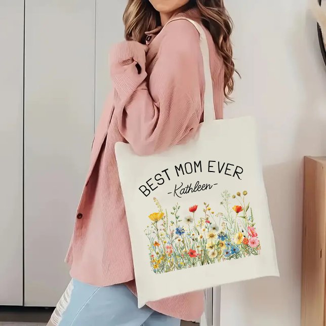 Custom Wildflowers Tote Bag, Best Mum Ever Gift (Mother’s Day gift bag, birthday present for mom, Christmas gift for her, baby shower tote, )