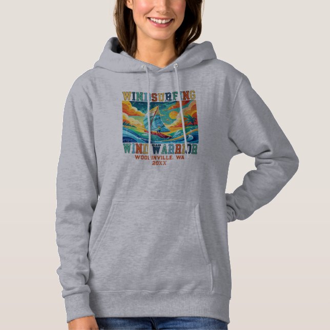 Custom Windsurfing Surfer Location Date Name Hoodie (Front)